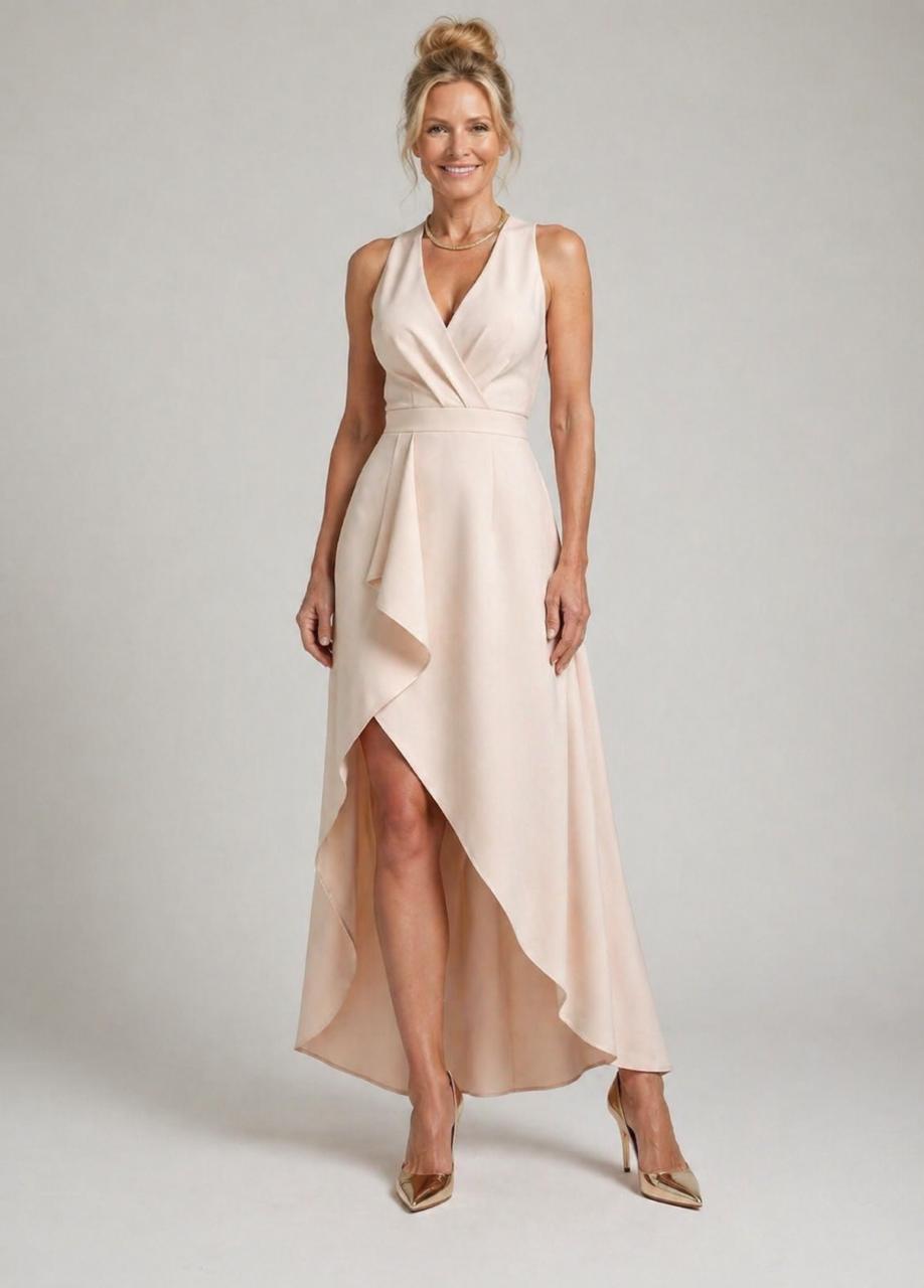 Vestido midi transpassado com decote V e barra assimétrica — Bene Donna — imagem 01