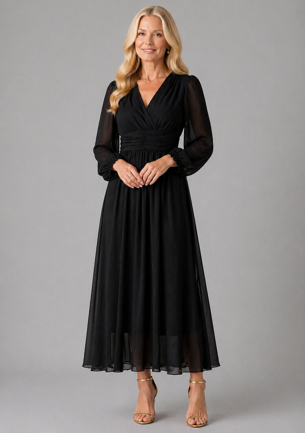 Vestido midi transpassado com decote V e mangas longas — Bene Donna — imagem 04