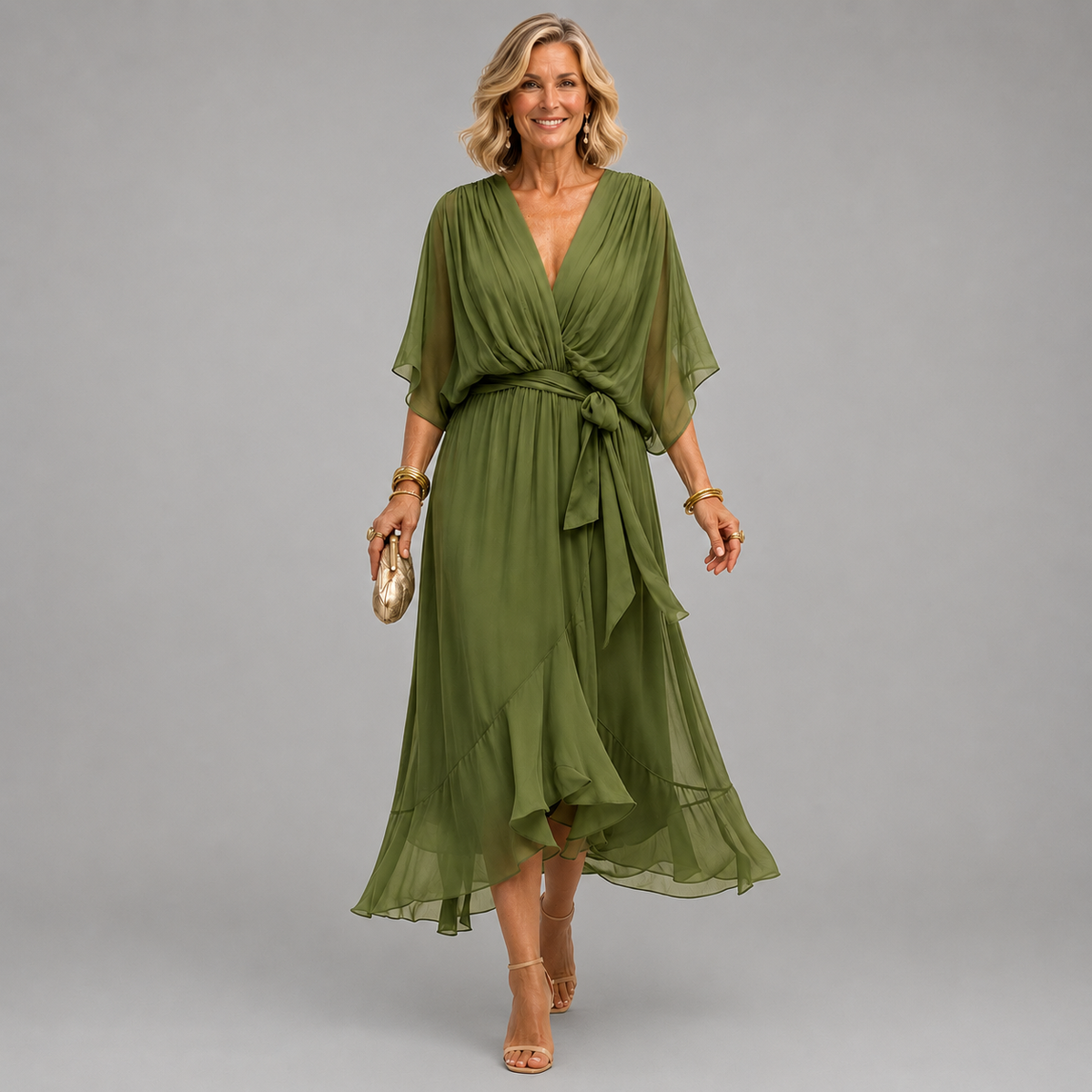 Vestido midi transpassado com mangas fluidas e saia em camadas — Bene Donna — imagem 01