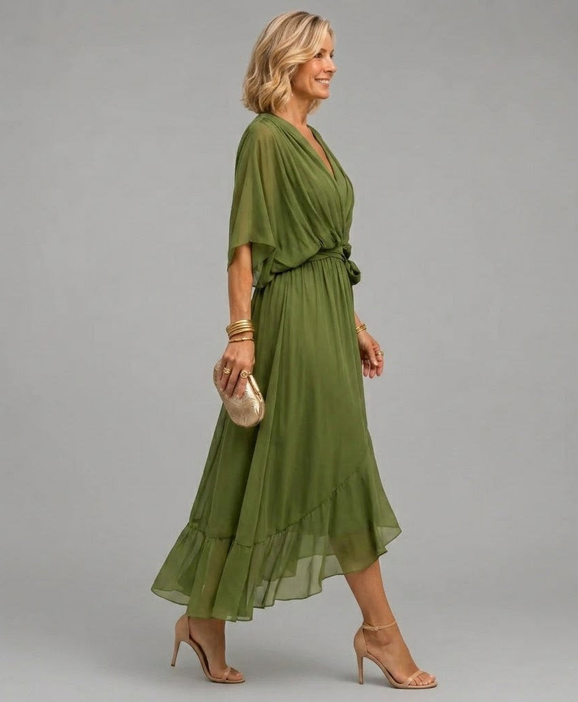 Vestido midi transpassado com mangas fluidas e saia em camadas — Bene Donna — imagem 02