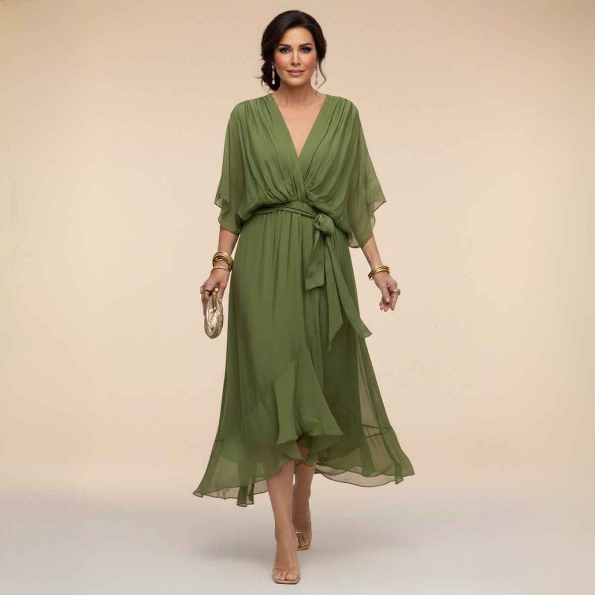 Vestido midi transpassado com mangas fluidas e saia em camadas — Bene Donna — imagem 03
