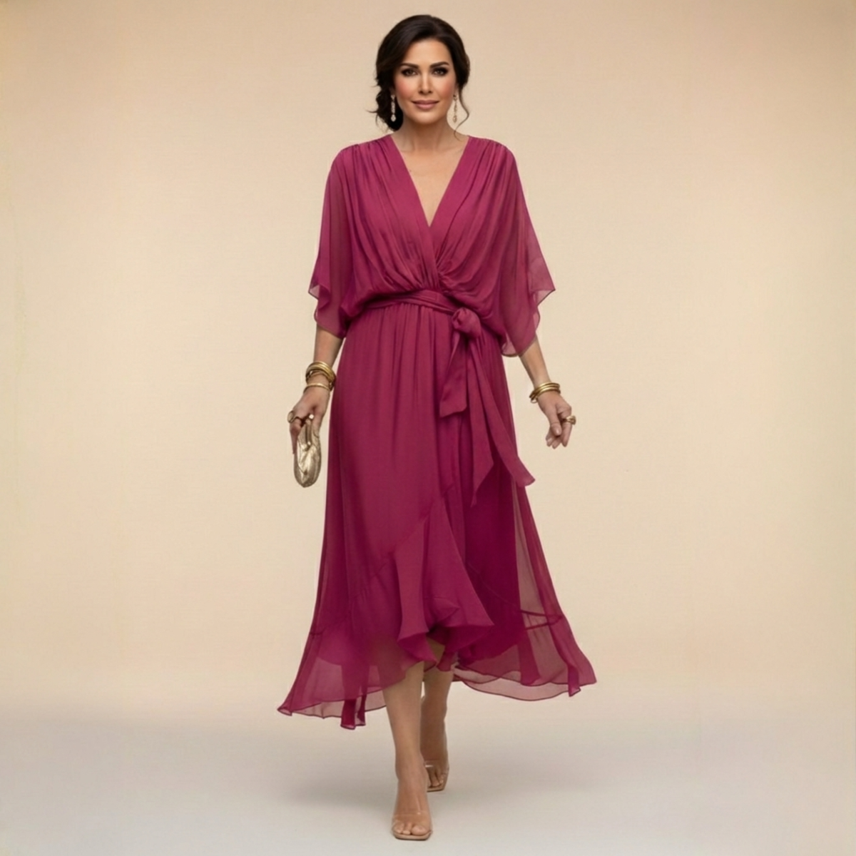 Vestido midi transpassado com mangas fluidas e saia em camadas — Bene Donna — imagem 06
