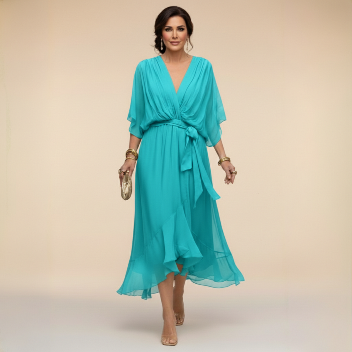 Vestido midi transpassado com mangas fluidas e saia em camadas — Bene Donna — imagem 07