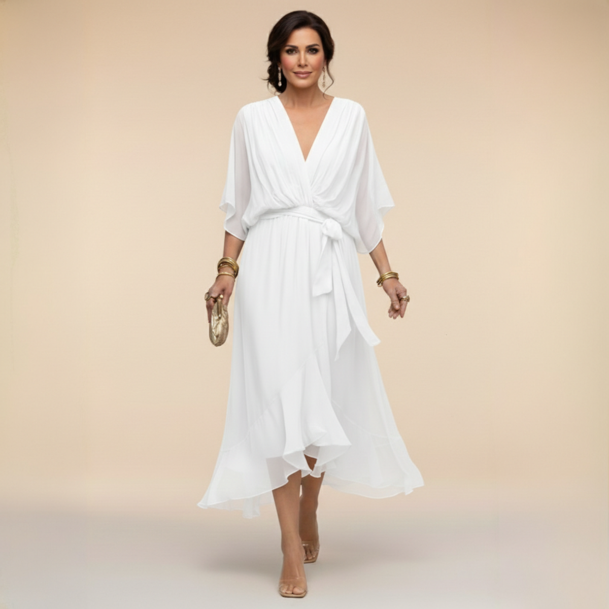 Vestido midi transpassado com mangas fluidas e saia em camadas — Bene Donna — imagem 08