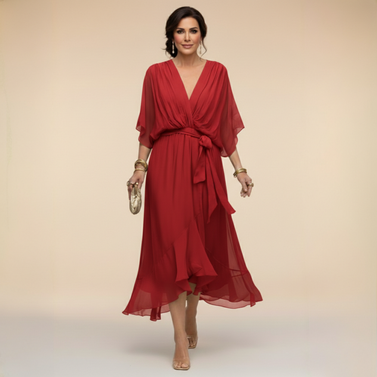 Vestido midi transpassado com mangas fluidas e saia em camadas — Bene Donna — imagem 09