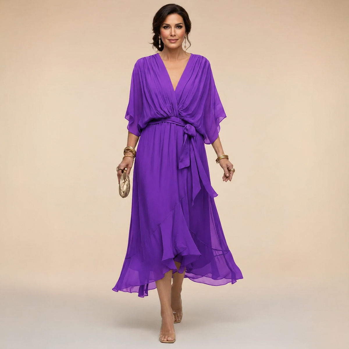 Vestido midi transpassado com mangas fluidas e saia em camadas — Bene Donna — imagem 11